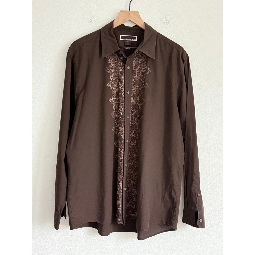 Michael Kors Chocolate Brown Floral Embroidered Button Down Long Sleeve Shirt XL
